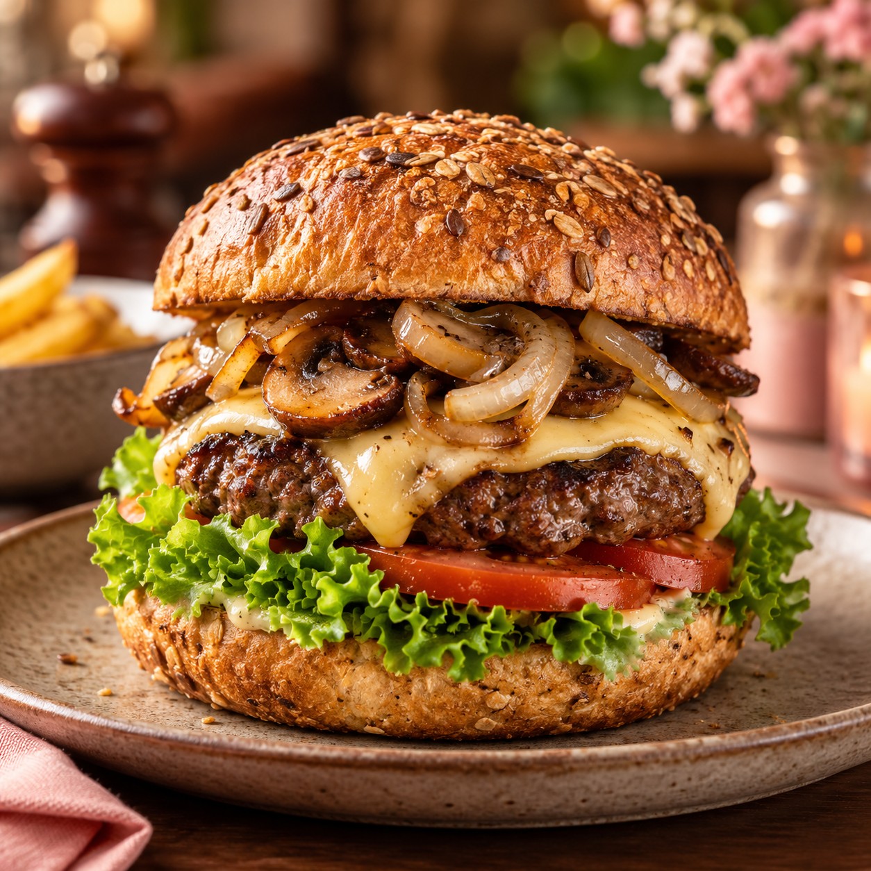 Broodje hamburger met kaas, champignons en ui