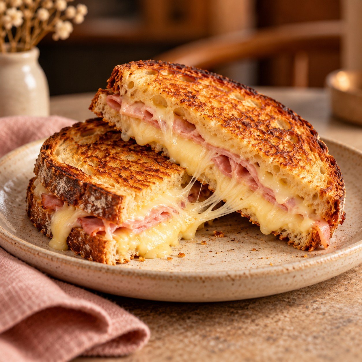 Goudbruin gebakken tosti ham en kaas